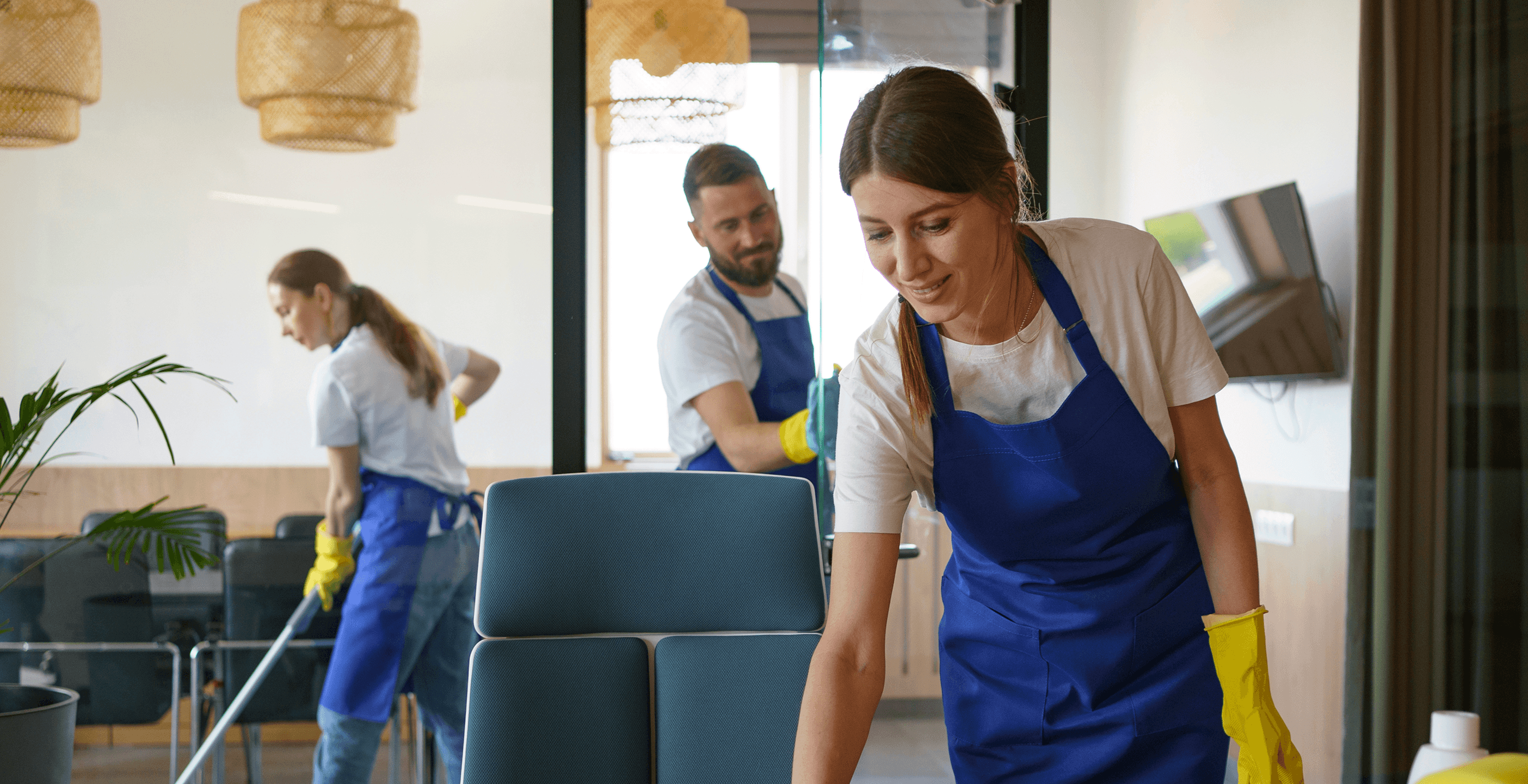Professional cleaning team in office